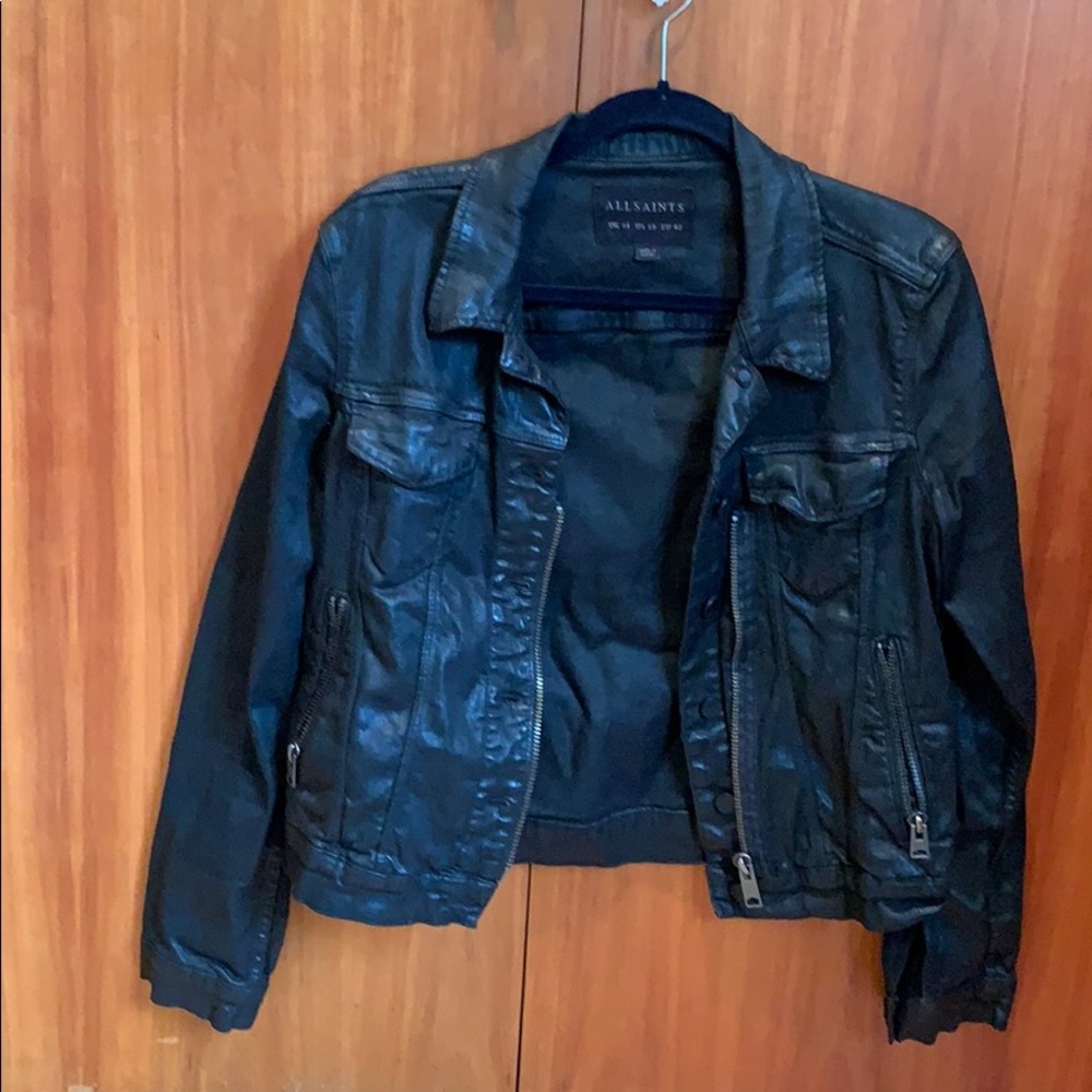 All Saints coated denim leather-like biker jacket